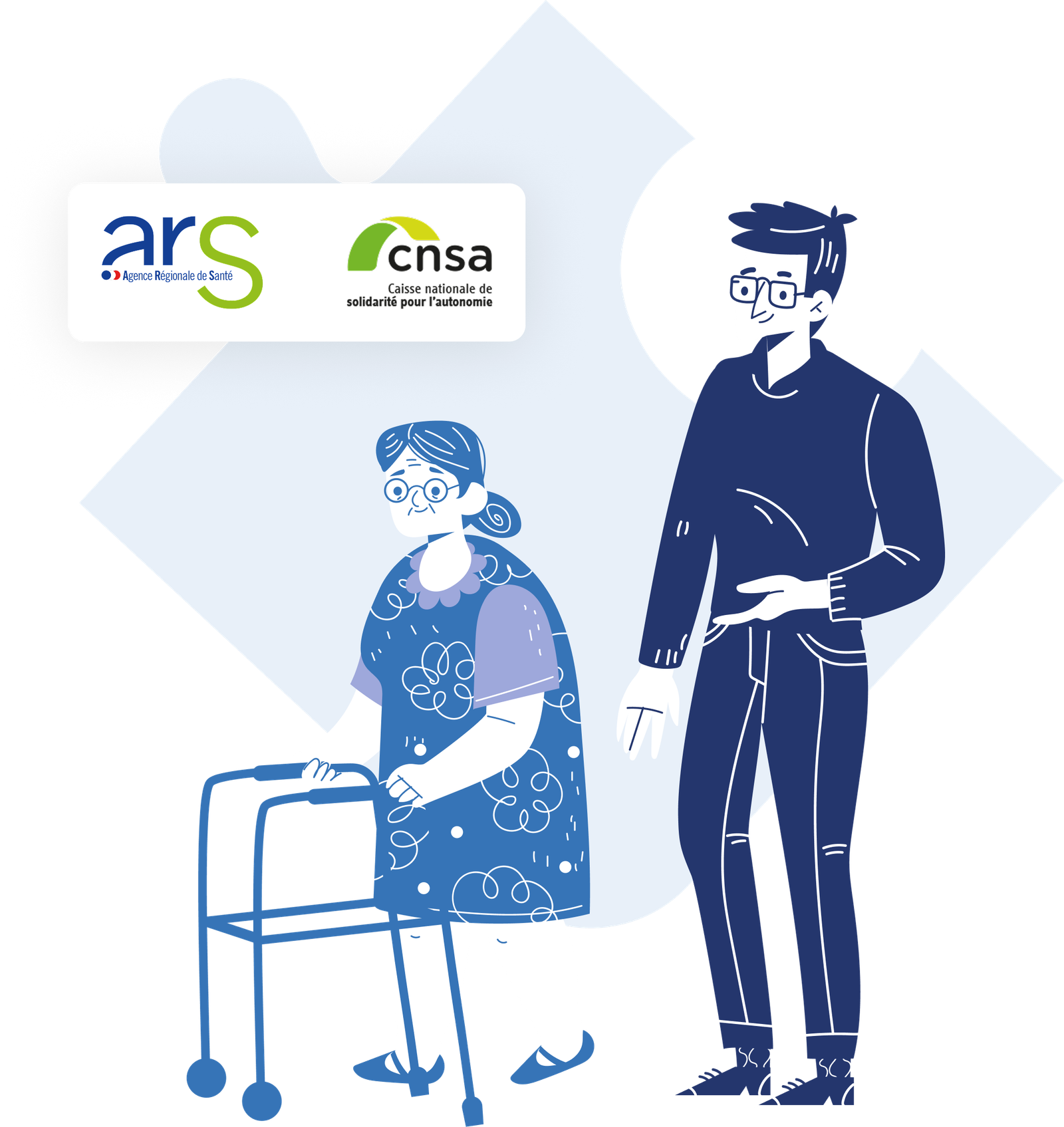 femme âgée en situation de handicap avec un proche aidant